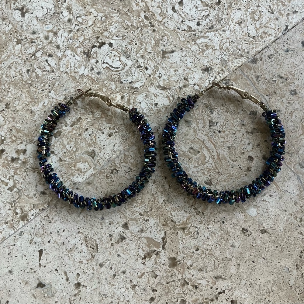 Bohemian Raafi Blue Round Iridescent Big Hoop Earrings Clasp Back